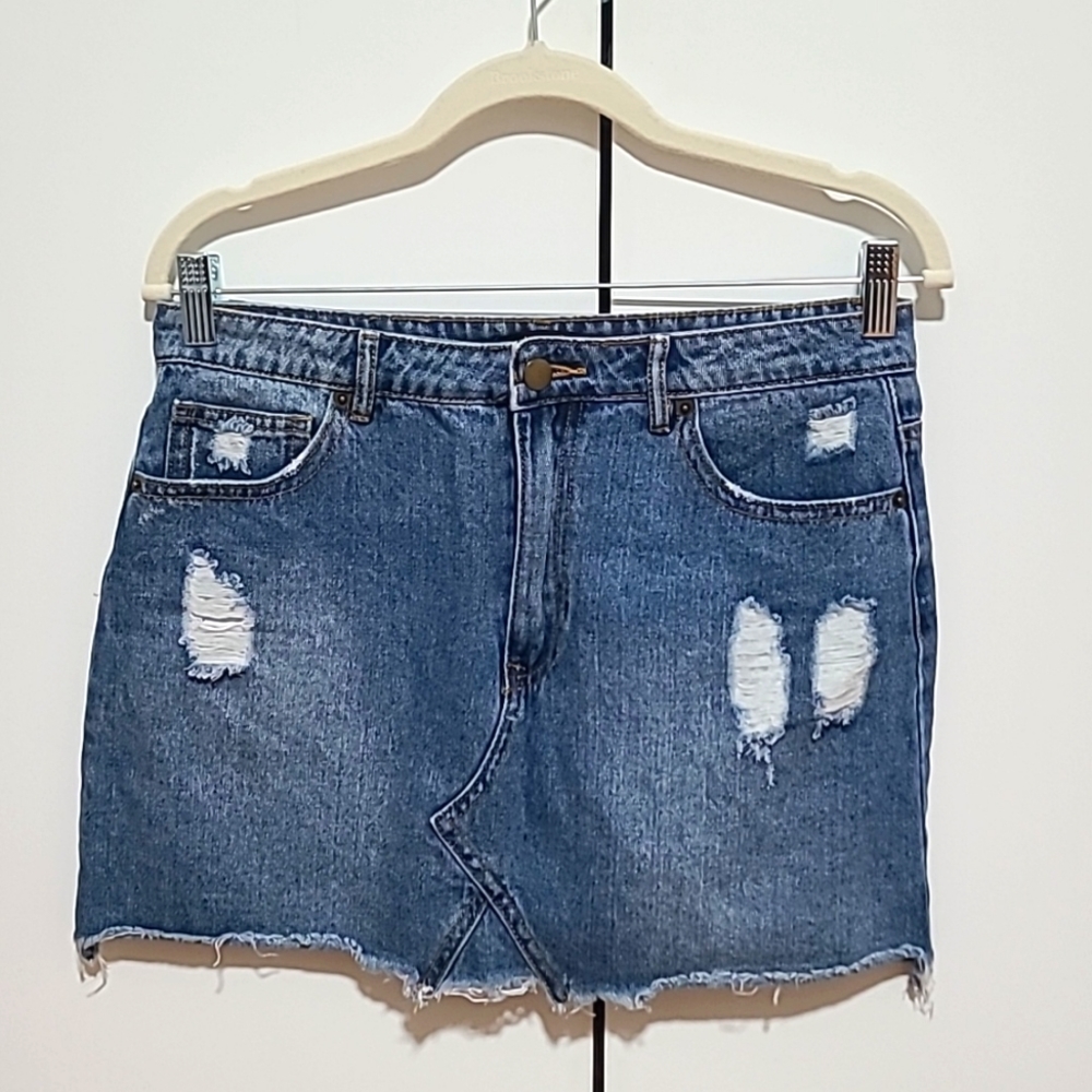 F21 Distressed Denim mini skirt